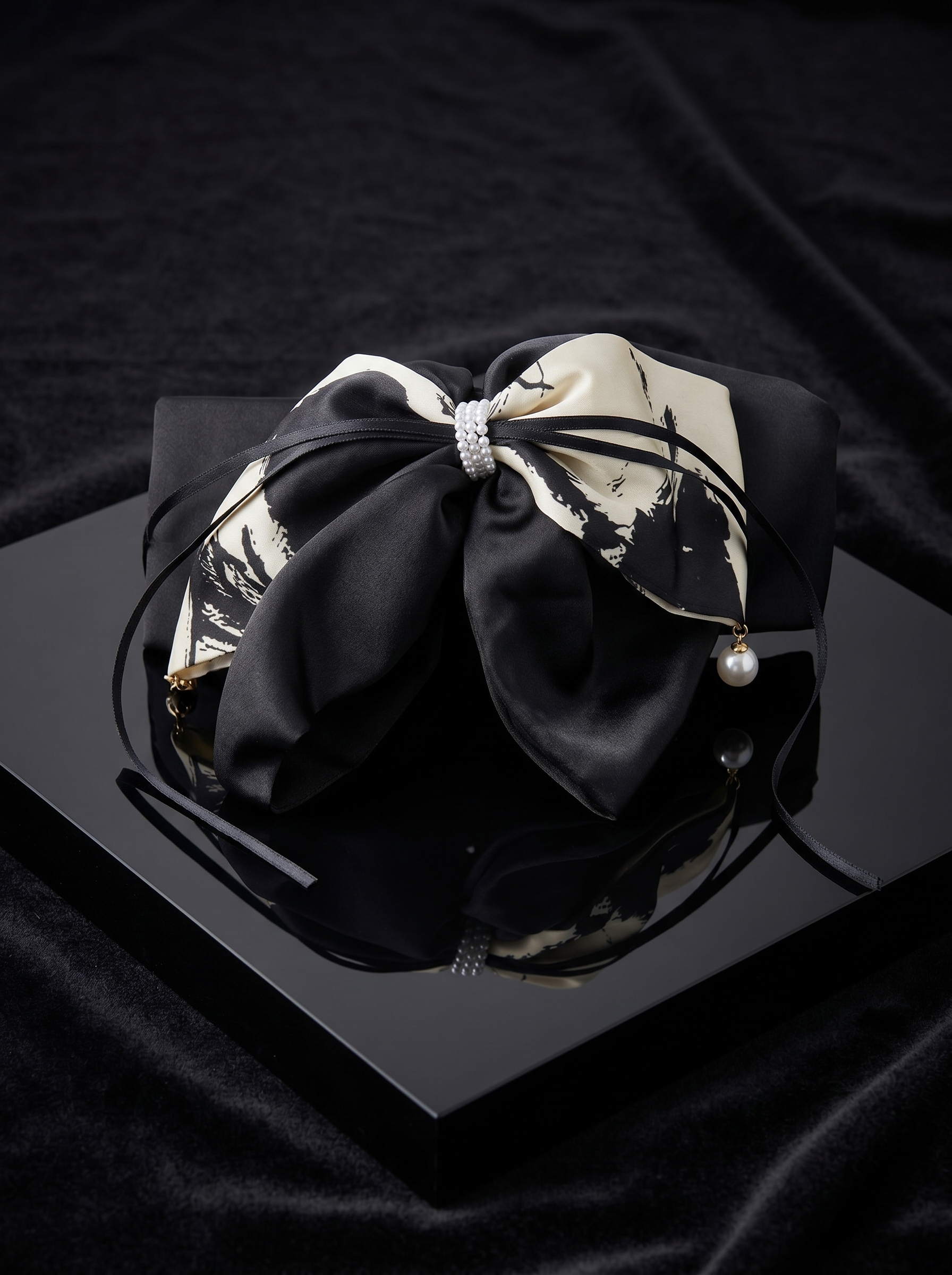 Noir Pearl Ribbon Bow Clip